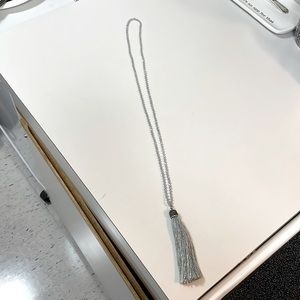 Blue silvery beaded long string dangle necklace.